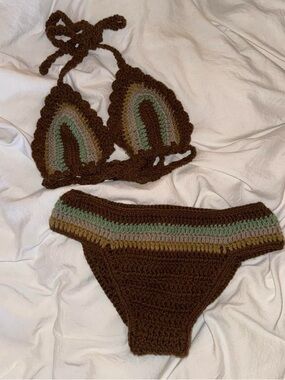 Crochet Two-Piece Bikini Set - Brown with Green & Tan Accents